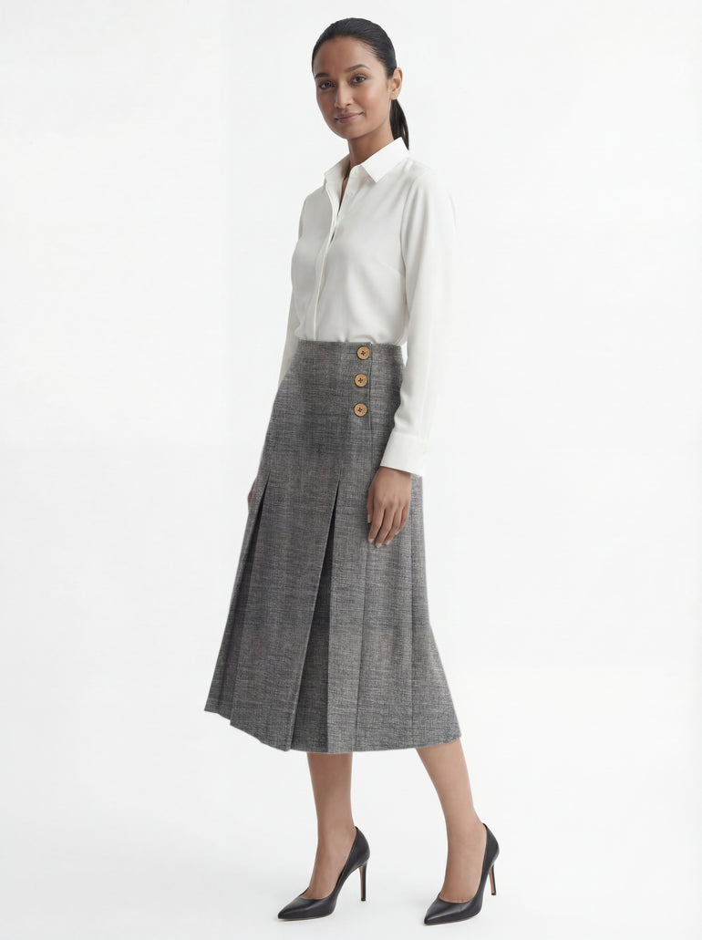 Maeve Side Tab Pleated Midi Skirt